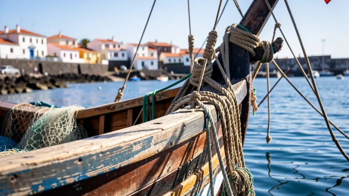 Primer plano del casco de madera de un barco pesquero con cuerdas y redes, reflejando el agua azul del océano bajo un sol brillante, con un pueblo pesquero tradicional canario al fondo desenfocado.