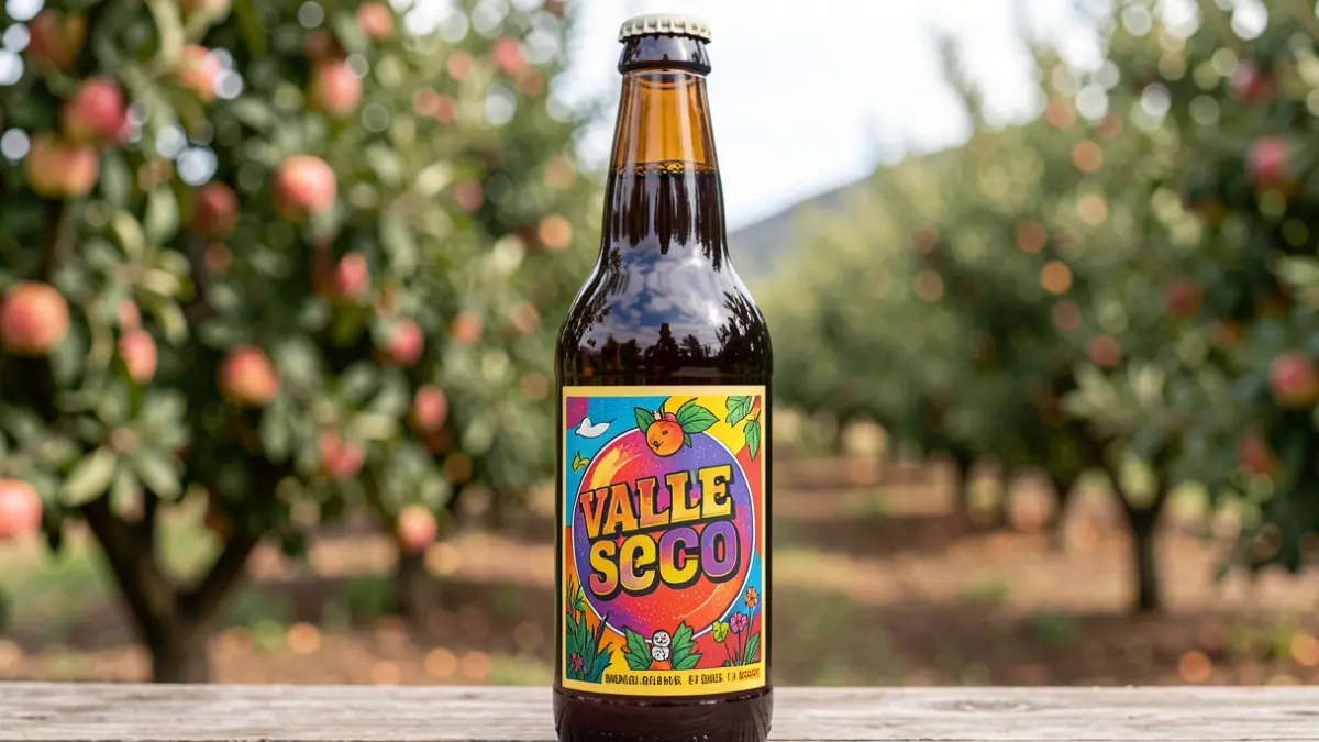 Bottle of cider with vibrant 80s-inspired label, with an apple orchard in the background.