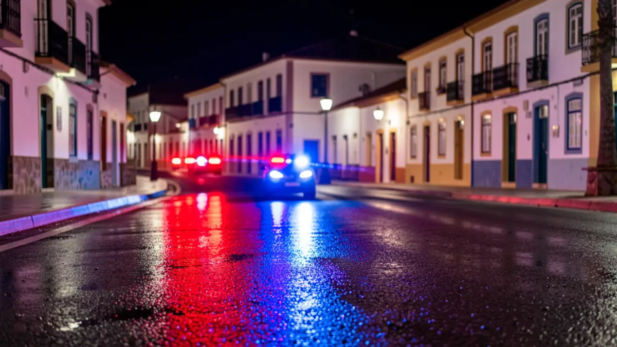 Generic image of police emergency lights reflecting on wet asphalt at night in Santa Cruz de Tenerife.