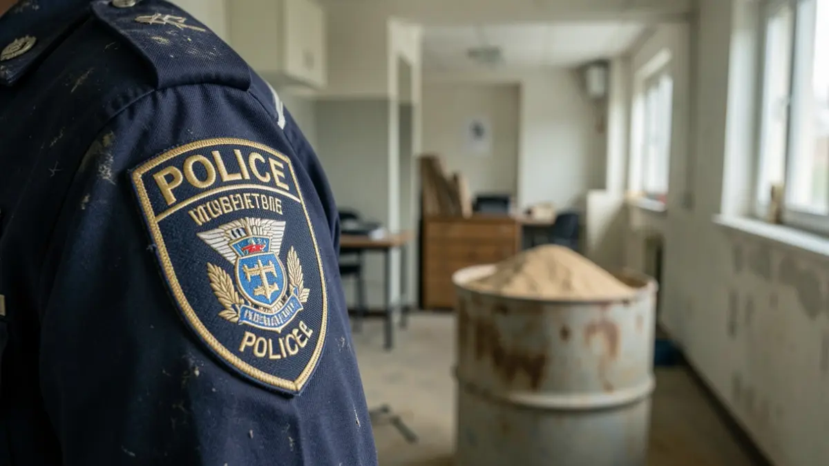 Placa de policía y detalles de instalaciones deficientes en una comisaría.