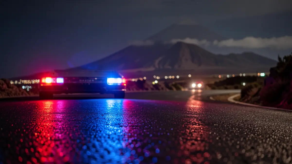 Imagen genérica de luces de emergencia policiales reflejándose en el asfalto mojado por la noche.