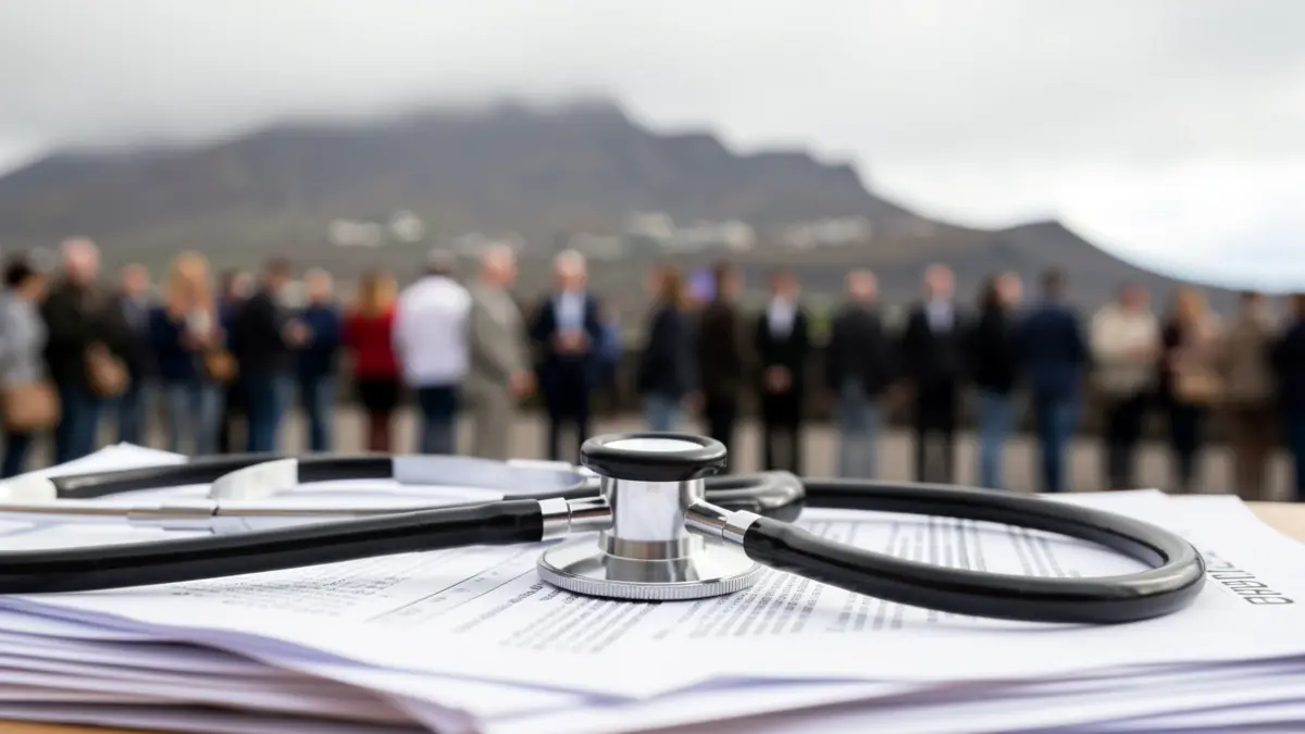 Close-up of a medical stethoscope on blurred documents with a subtle Canary Islands volcanic landscape in the background.