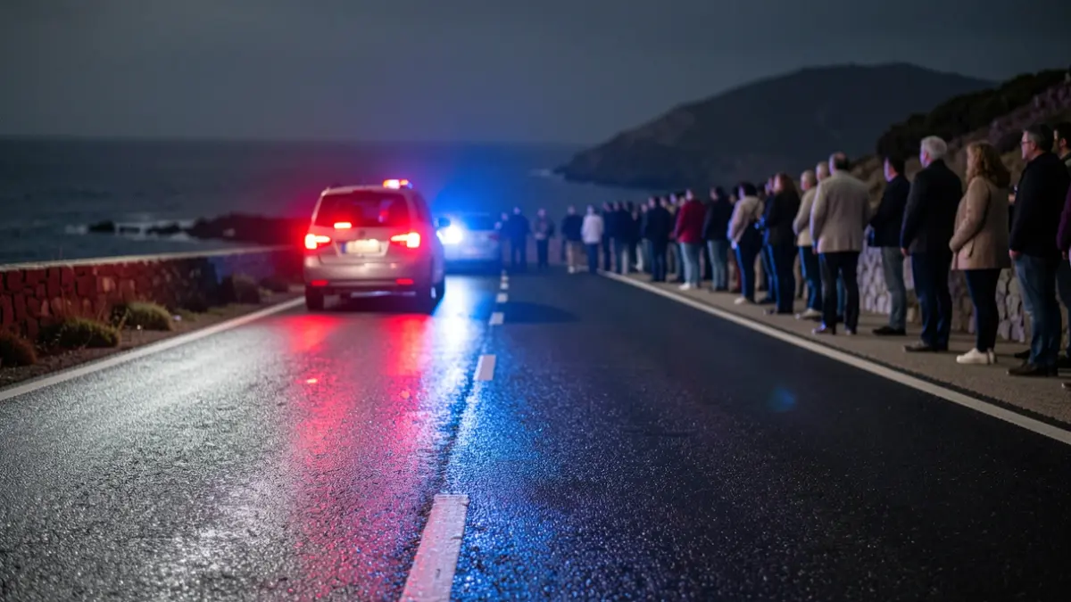Imagen genérica de luces de emergencia policiales reflejándose en el asfalto mojado por la noche.