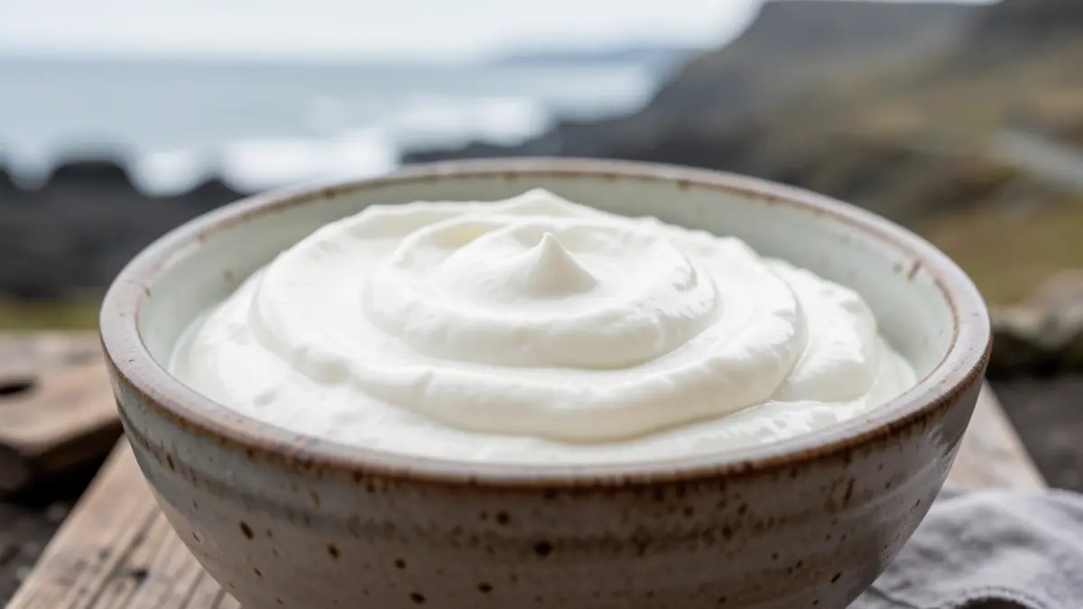 Close-up of a thick, creamy white dairy product, similar to skyr.