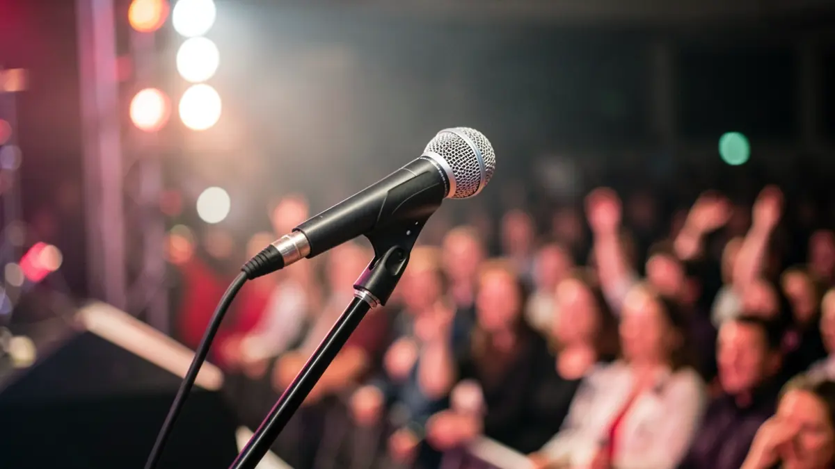 Generic image of a microphone on a concert stage with lights.