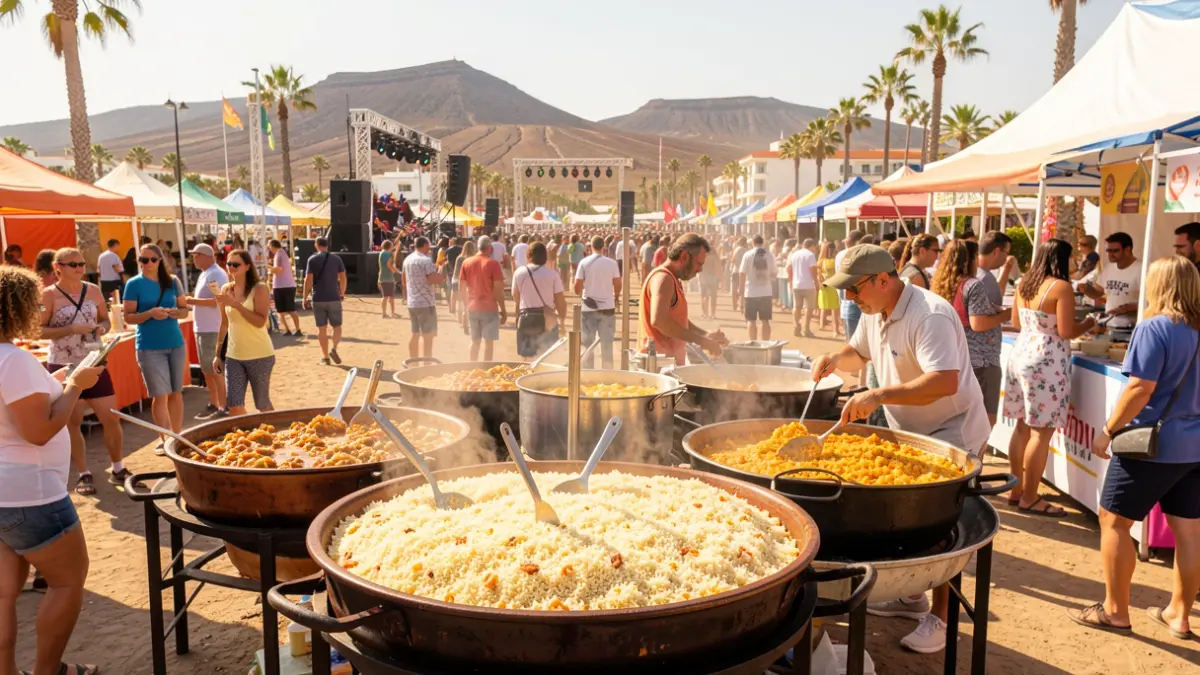 Imagen genérica de un festival gastronómico al aire libre en Maspalomas, con puestos de comida, música y gente disfrutando.