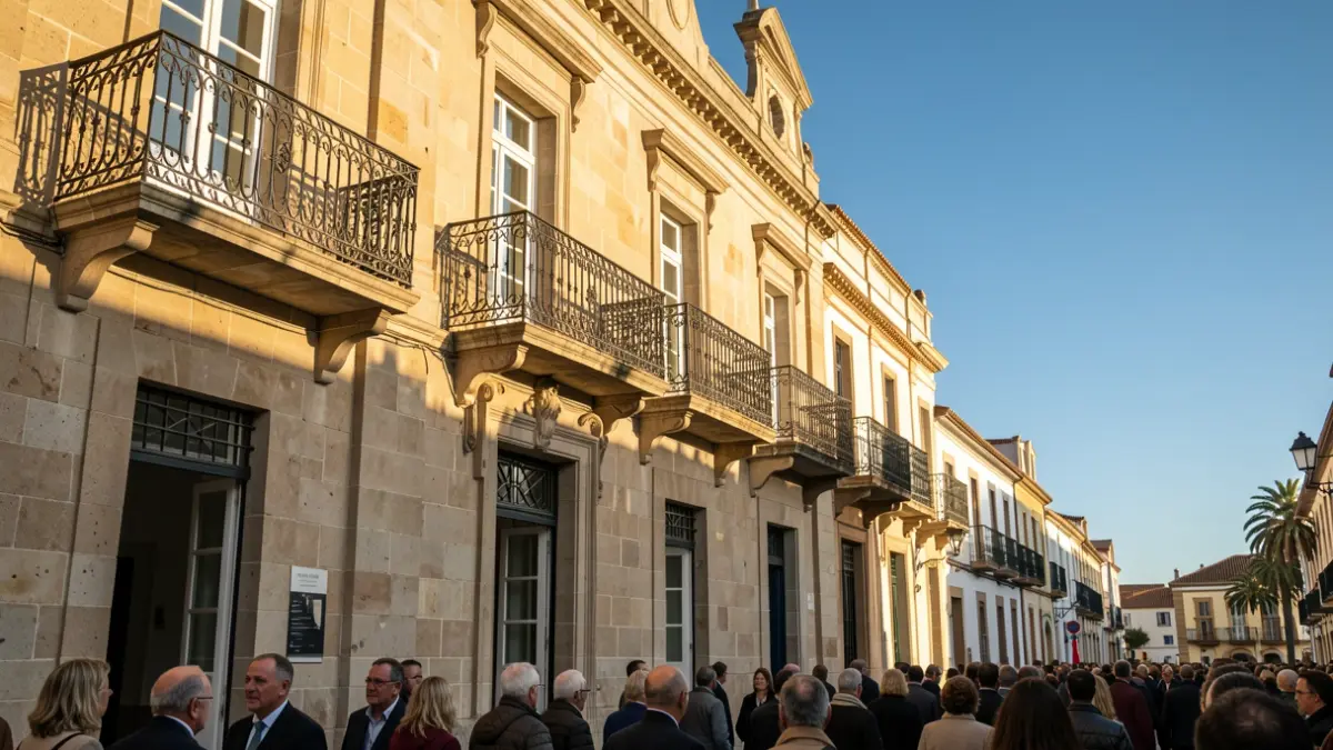 Fachada de un ayuntamiento canario de piedra con balcón ornamentado y barandillas de hierro, luz cálida de la tarde proyectando sombras sobre las paredes de arenisca, cielo azul.