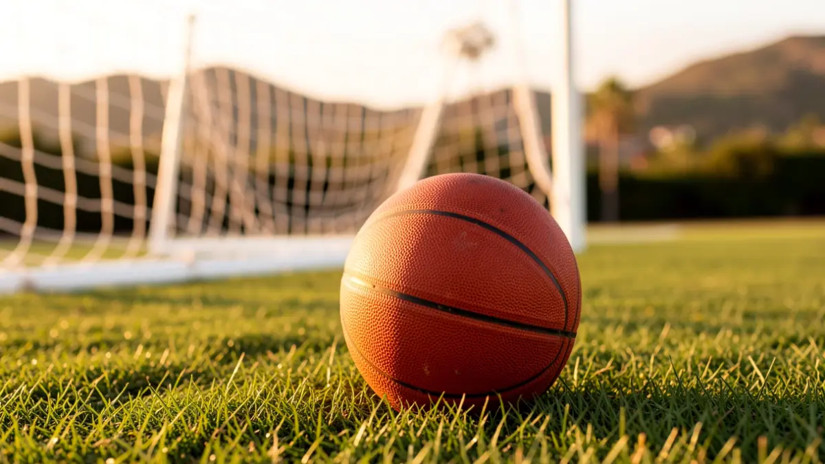 Generic image of a basketball on grass with a blurred goal net in the background.