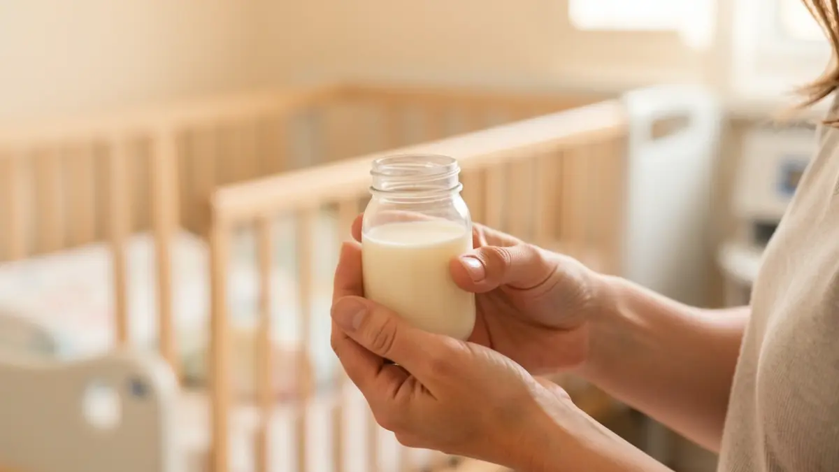 Image of a mother's hands donating breast milk in a hospital.
