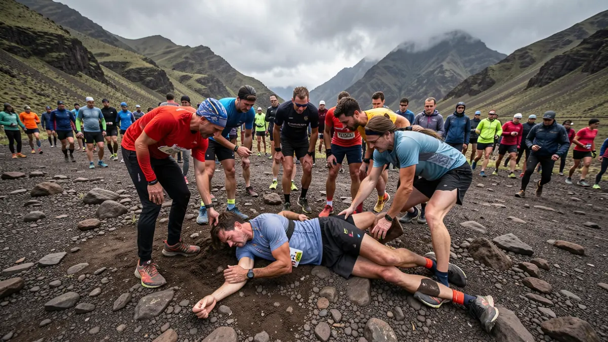 Transvulcania runners assisting an athlete with hypothermia on La Palma.
