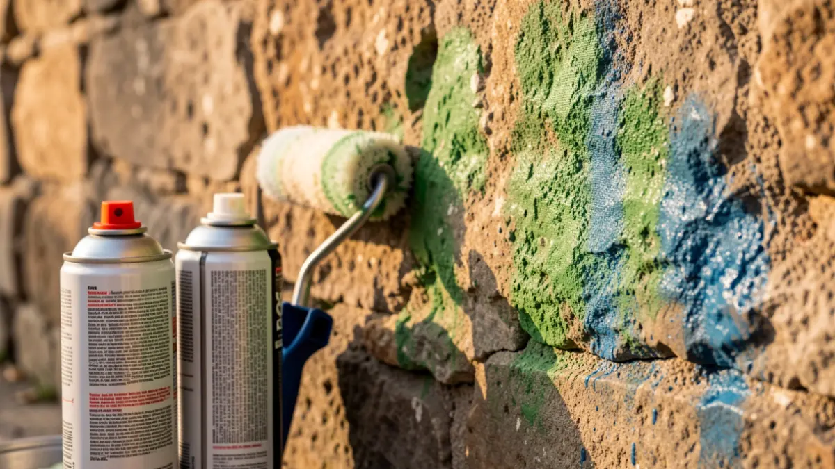 Primer plano de botes de spray de pintura y rodillos sobre una pared de piedra antigua y rugosa, con salpicaduras de pintura verde y azul desenfocadas sobre la piedra, sugiriendo vandalismo reciente.