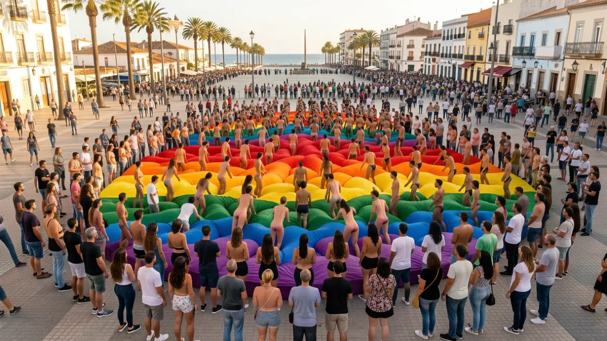 Image of a collective art installation in Gran Canaria inspired by the LGTBI flag.