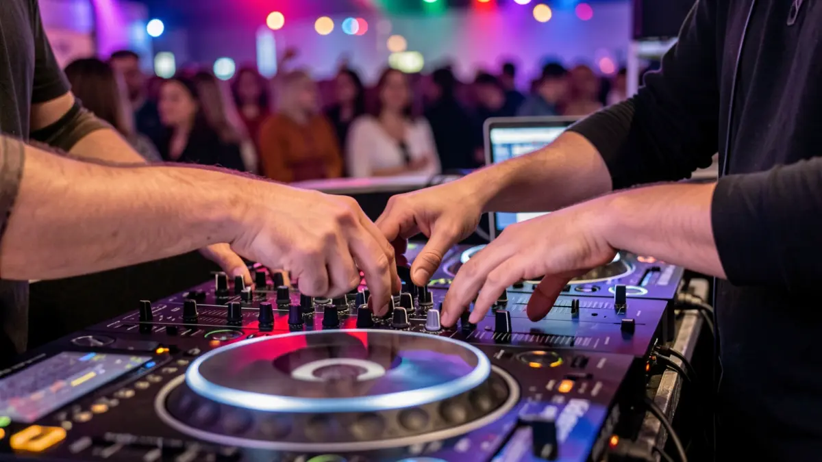 Generic image of a DJ mixing music in a booth with colorful lights.