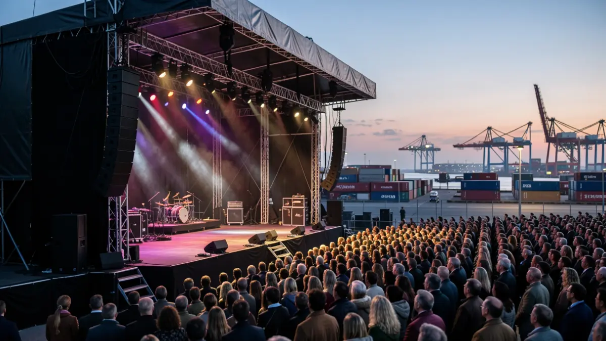 Empty concert stage in the port of Tenerife at dusk, with sound and lighting equipment.