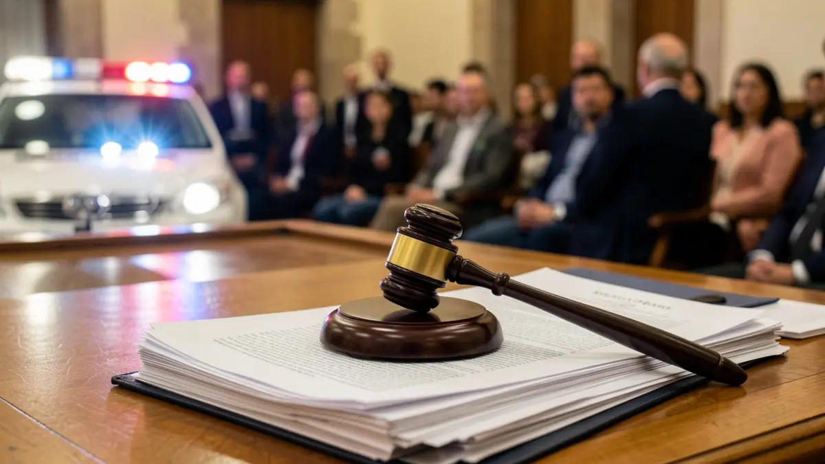 Generic image of a judge's gavel on legal documents with blurred emergency lights in the background.