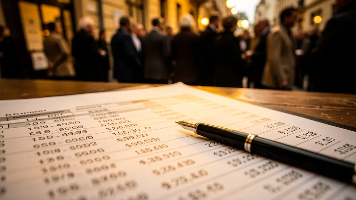 Primer plano de un libro de cuentas con números borrosos y un bolígrafo encima, sugiriendo irregularidades financieras.