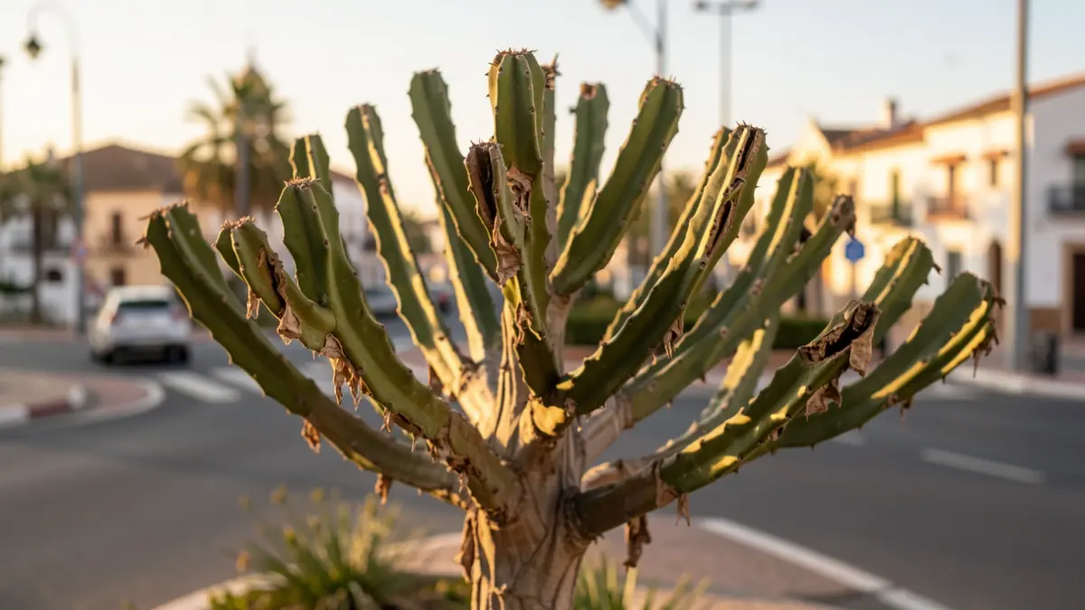 Image of Euphorbia candelabrum specimens in the El Roque roundabout, Telde, showing signs of deterioration.