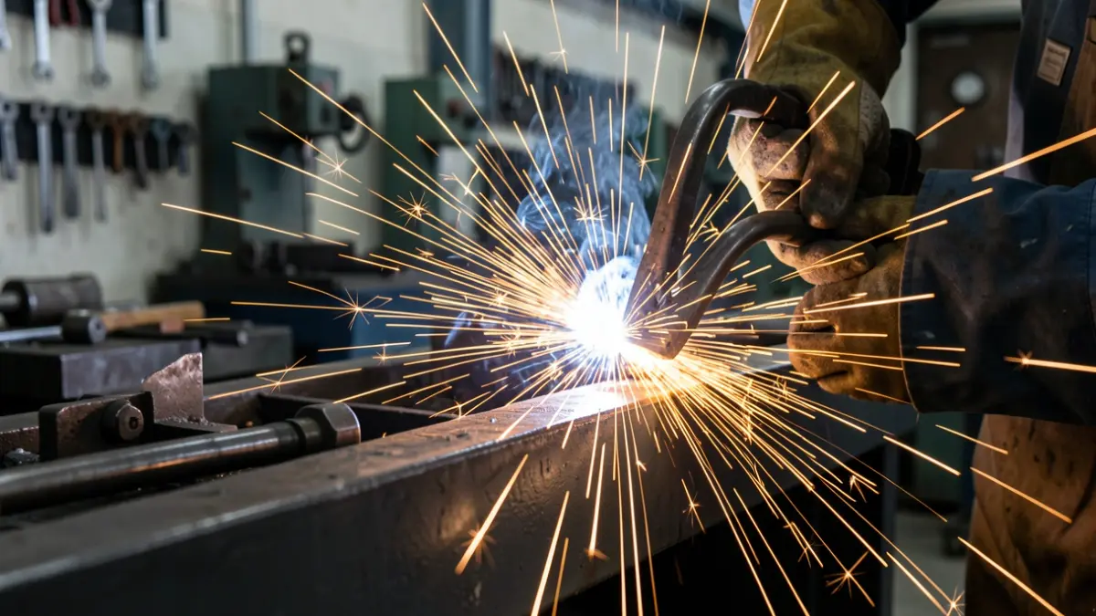 Industrial welding sparks in a workshop.