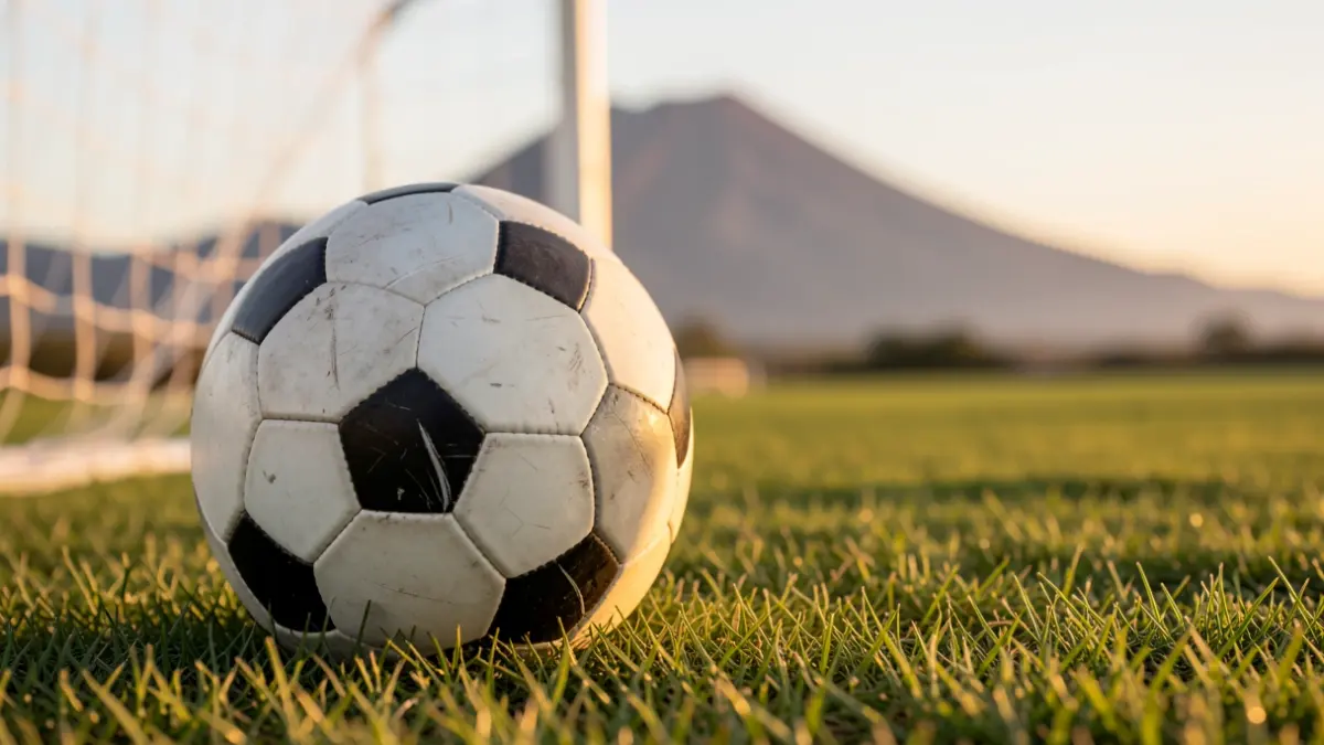 Primer plano de un balón de fútbol sobre césped, con la red de la portería desenfocada al fondo y luz dorada.