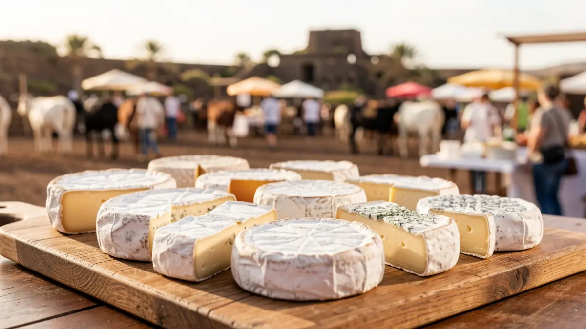 Selection of artisanal cheeses displayed at an agricultural fair.