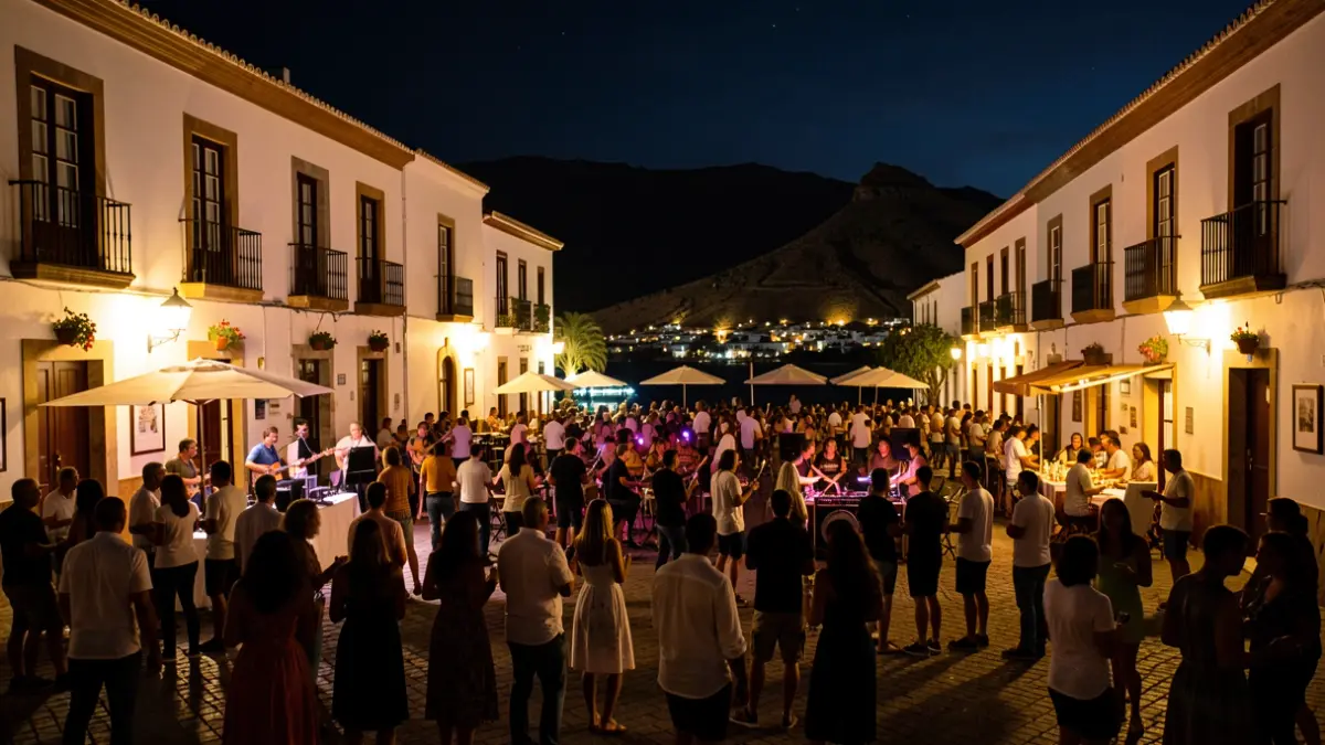 Imagen genérica de una noche de fiesta en un casco histórico de Canarias, con luces cálidas y ambiente festivo.