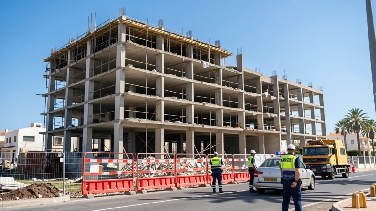 Imagen genérica de un esqueleto de hotel en construcción con vallas y presencia policial.
