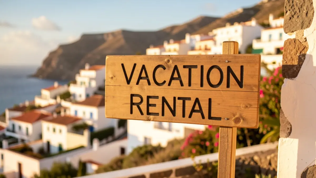 Generic image of a vacation rental sign with coastal houses in the background.