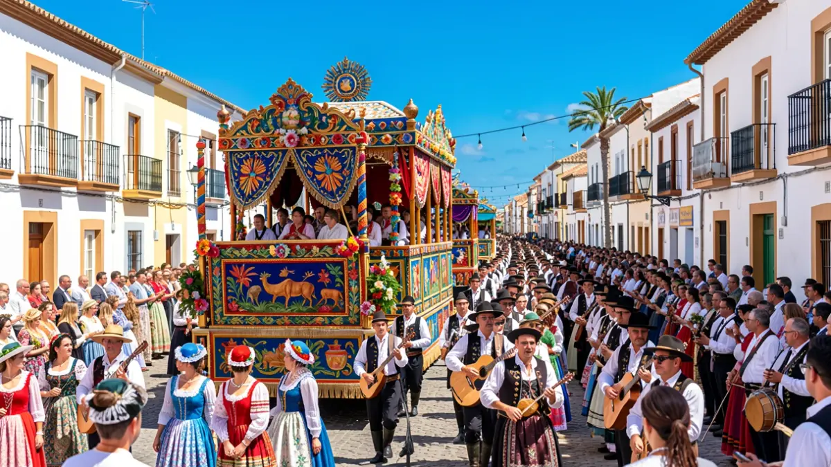 Imagen genérica de una romería tradicional canaria con carretas, música y gente vestida de época.