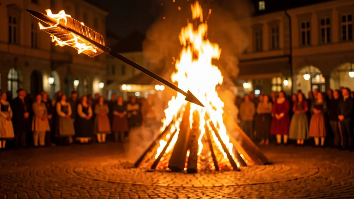 Generic image of a flaming arrow flying towards a bonfire in a night square.