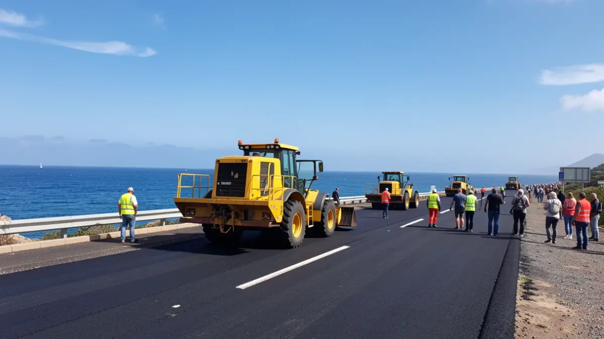 Imagen genérica de obras de asfaltado en una carretera costera.