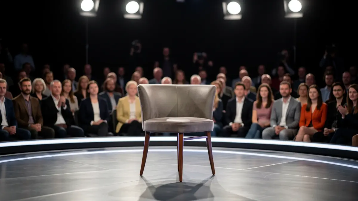 Empty chair on a television set symbolizing absence.