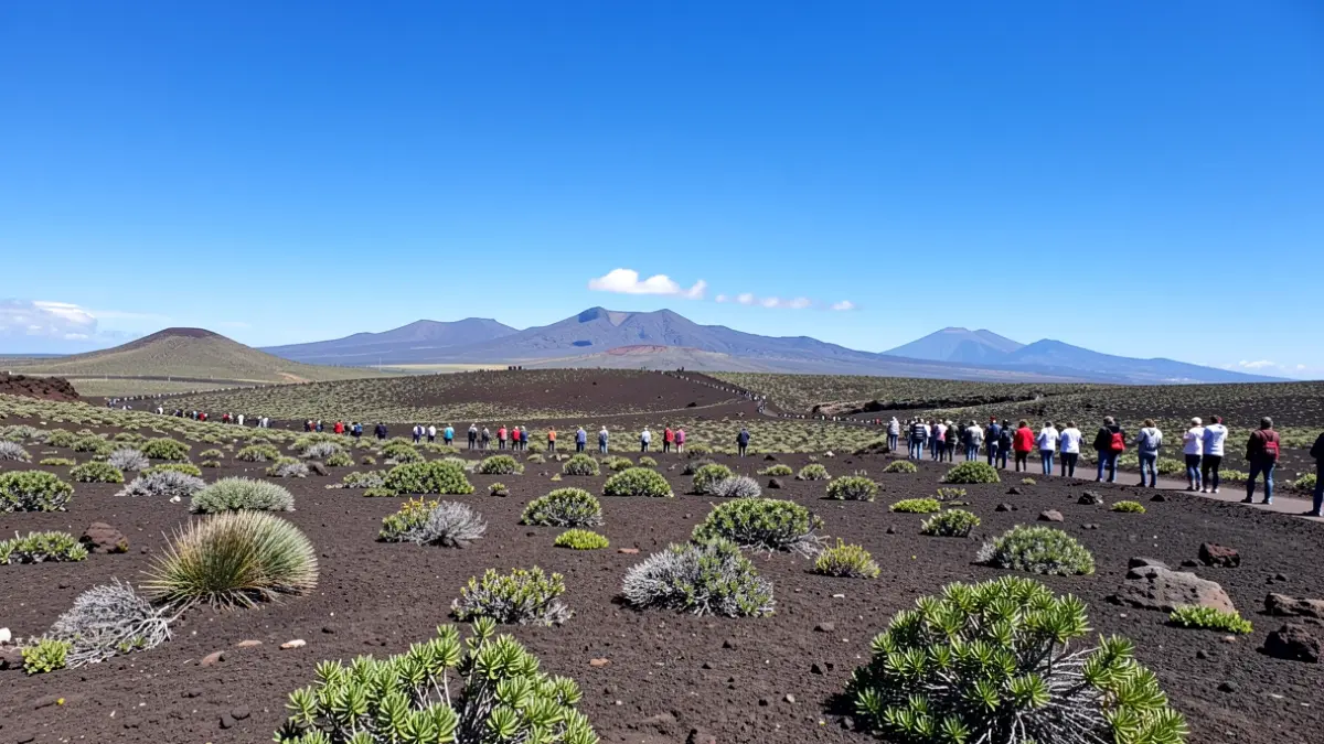 Cielo despejado sobre un paisaje volcánico de Tenerife con vegetación escasa y montañas al fondo.