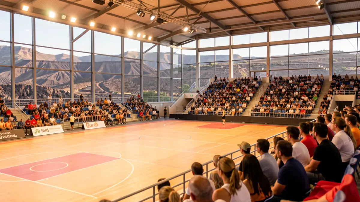 Imagen genérica de un recinto deportivo en Canarias con paisaje volcánico al fondo.