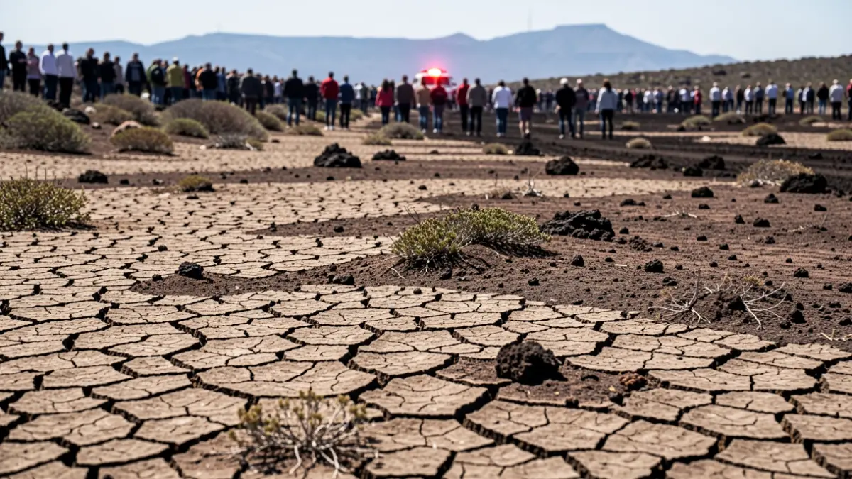 Dry, cracked landscape in Tenerife with a blurred red emergency light in the background, symbolizing fire risk.