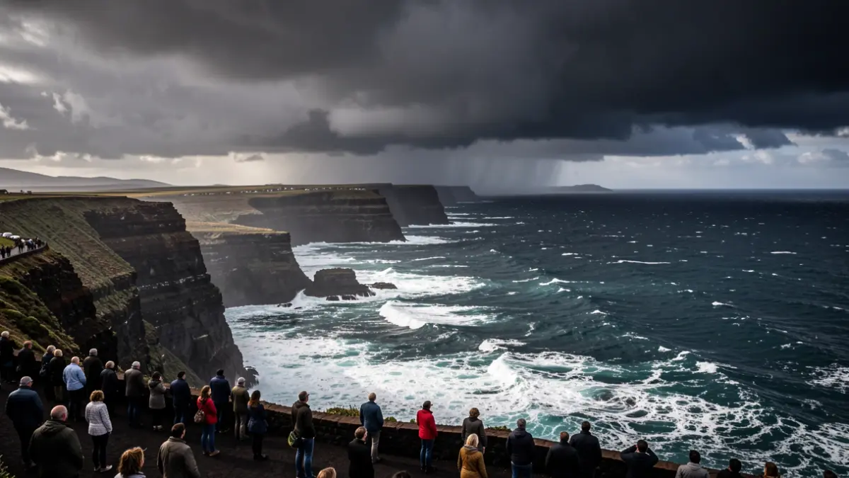 Generic image of heavy surf and storm clouds over a volcanic coastline.