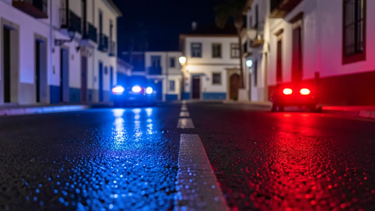 Imagen genérica de luces de emergencia policiales reflejándose en el asfalto mojado por la noche.
