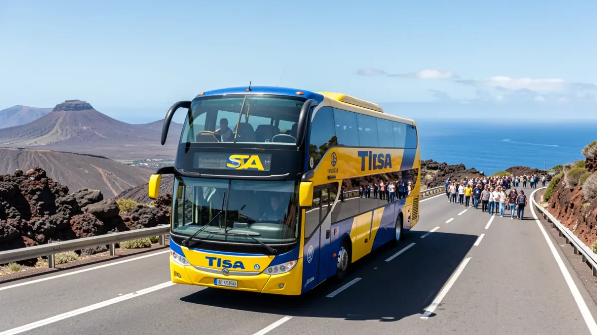A Titsa double-decker bus driving on a highway in Tenerife with volcanic landscape and the sea in the background.
