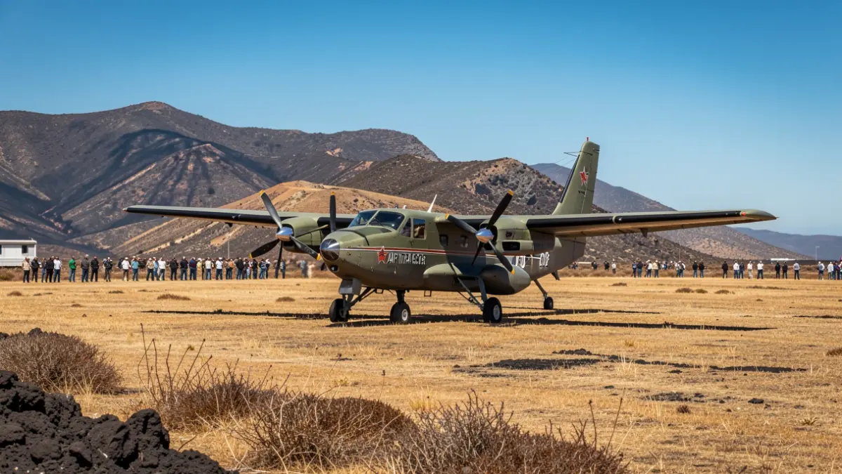 Air Tractor AT-802 firefighting aircraft at an airbase in Tenerife, with volcanic terrain in the background.
