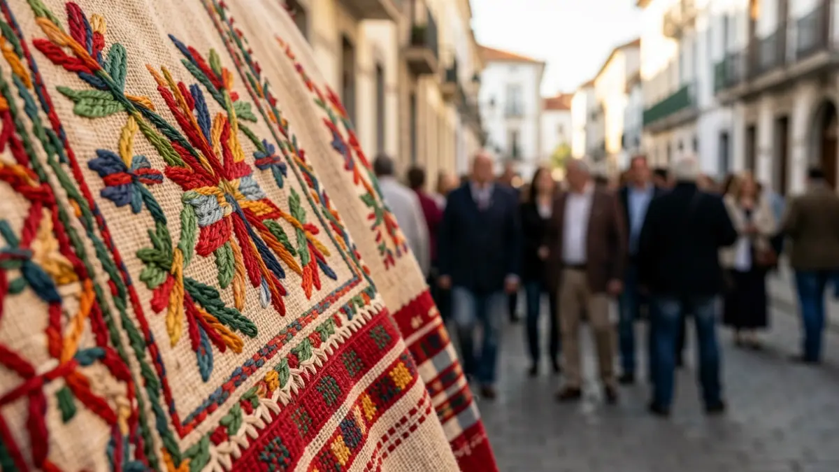 Primer plano de bordados y texturas de tela tradicional canaria.
