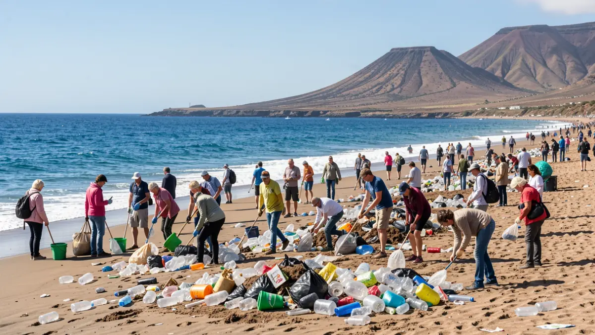 Generic image of volunteers collecting trash on a Tenerife beach.