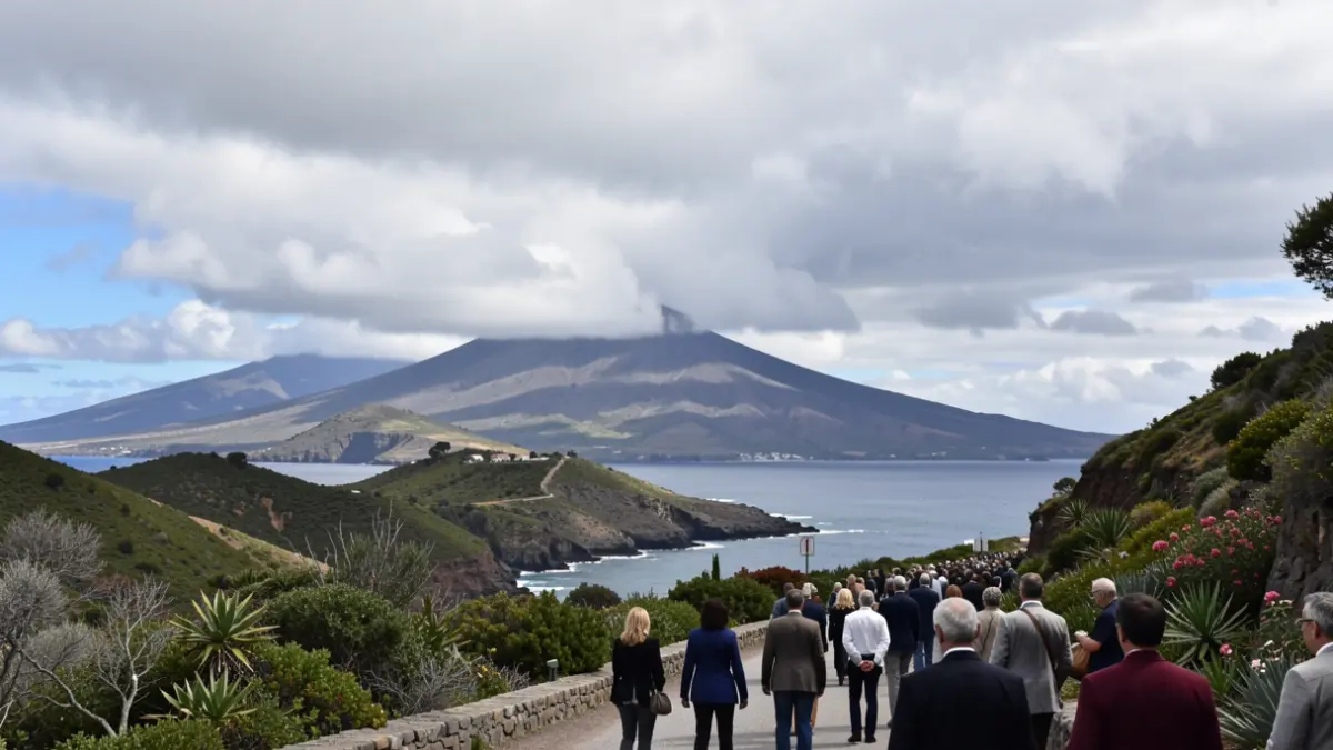Generic image of clouds over the northern coast of a volcanic island with vegetation.