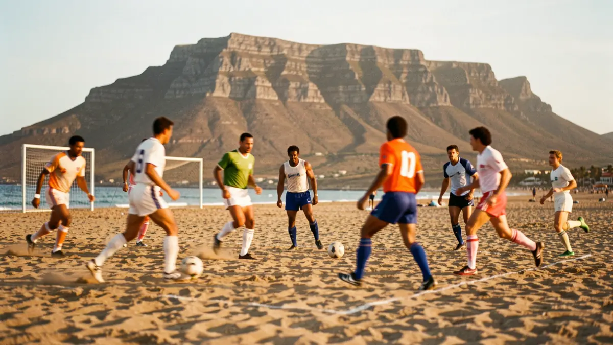 Generic image of a 1990s Nike advertisement on Las Teresitas beach, Tenerife, with footballers playing on the sand.