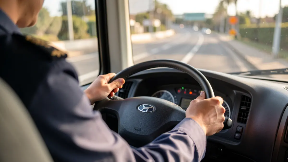 Primer plano de las manos de un conductor de autobús de Tenerife en el volante, con el interior del vehículo desenfocado.