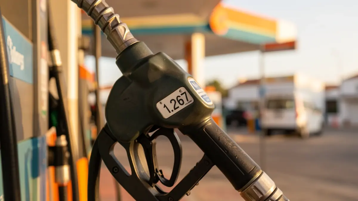 Primer plano de una manguera de gasolinera con el precio de 1,267 euros, en una estación de servicio en Canarias.