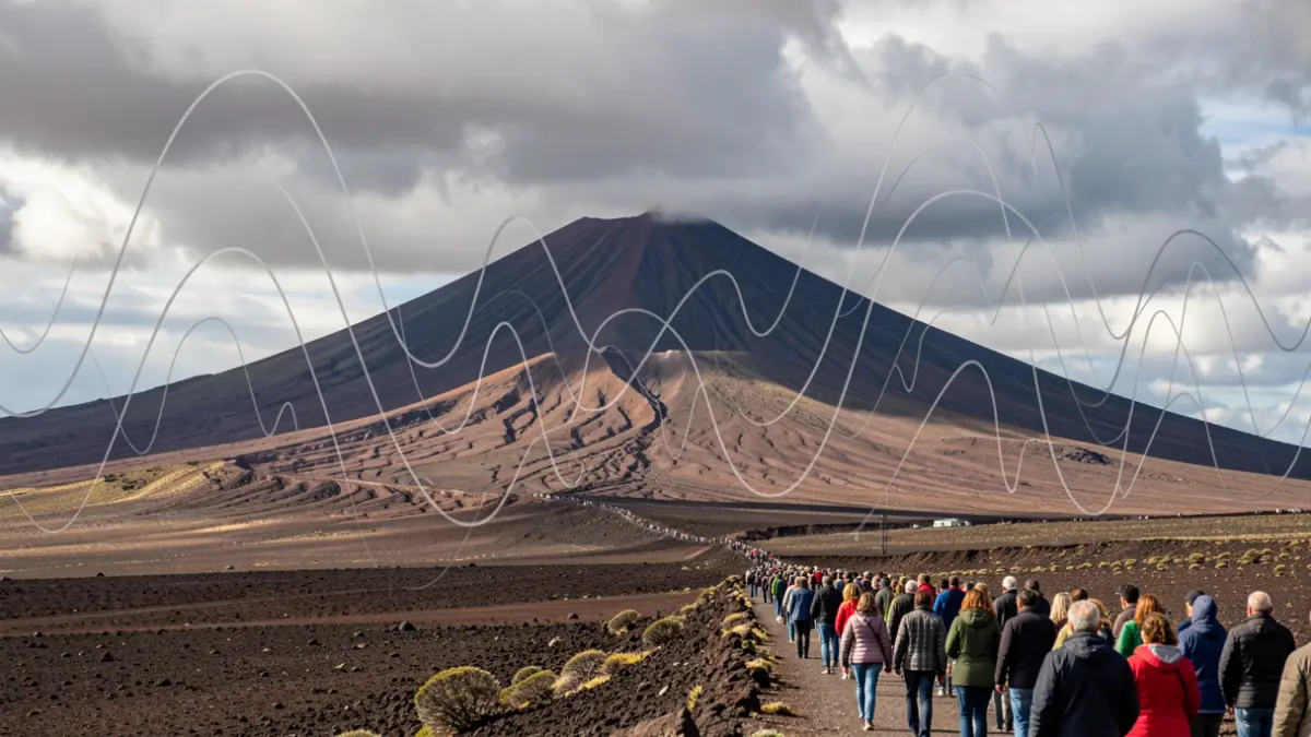 Volcanic landscape of Tenerife with the Teide peak in the background and seismic wave graphics.