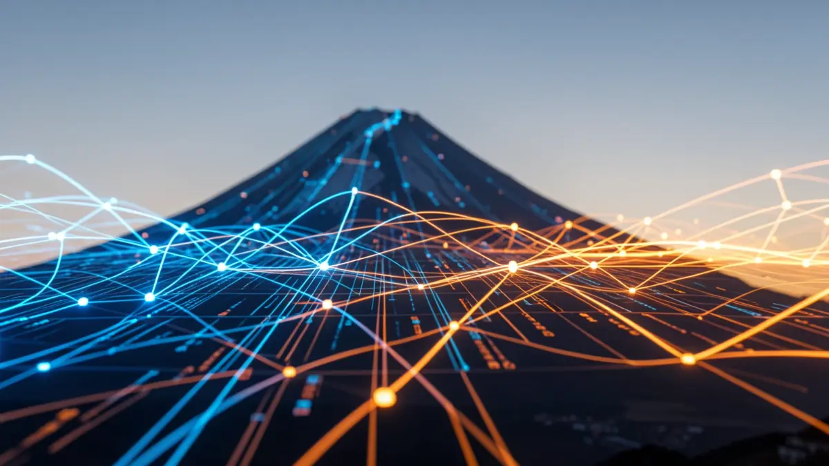Imagen abstracta de supercomputación e IA con silueta del Teide.