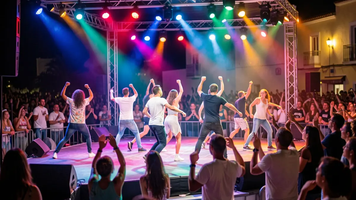 Generic image of an urban dance stage with lights and audience.
