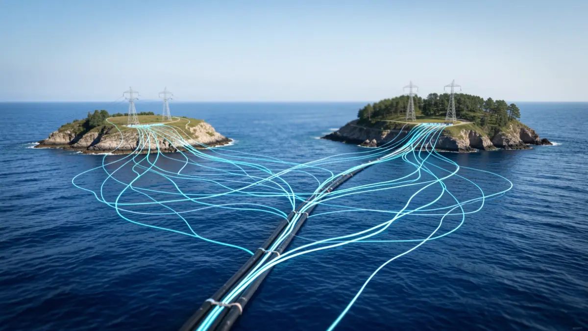 Imagen genérica de un cable submarino conectando dos islas con redes eléctricas estilizadas.