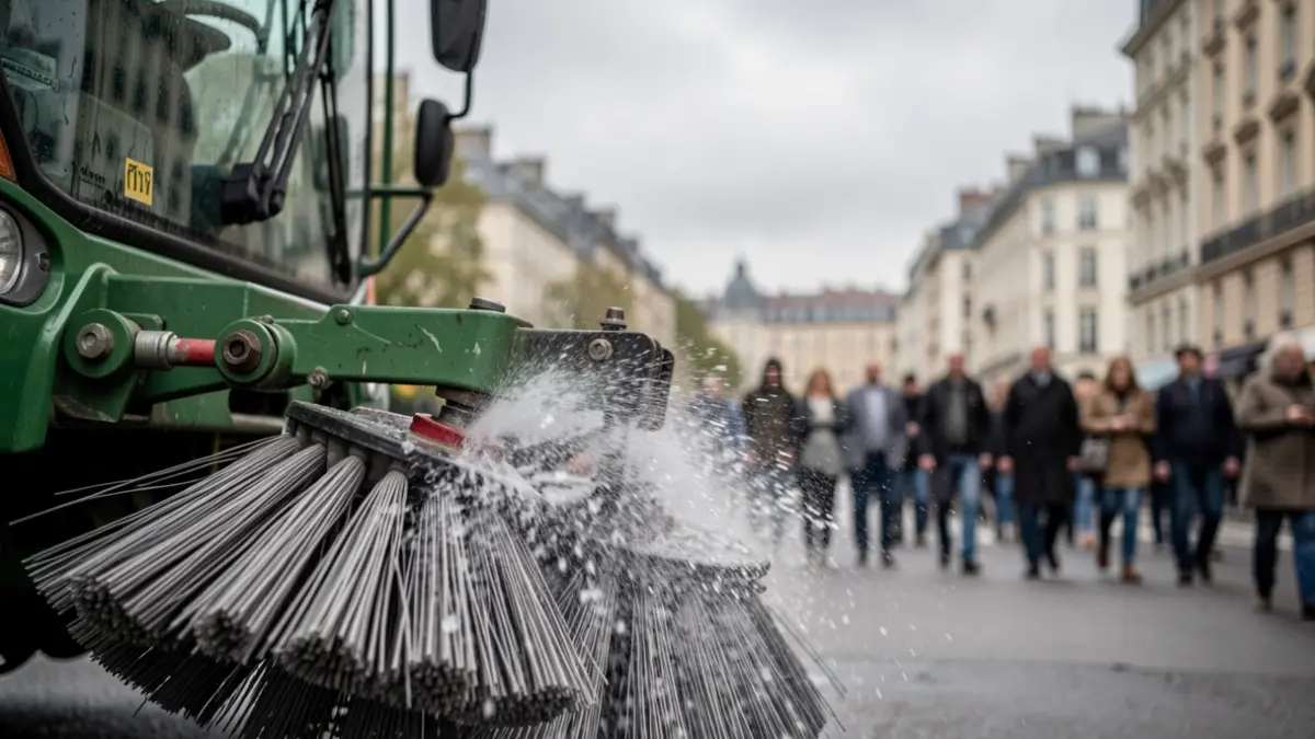 Close-up of a street cleaning vehicle's brushes and water spray, with blurred city buildings in the background under a grey sky.