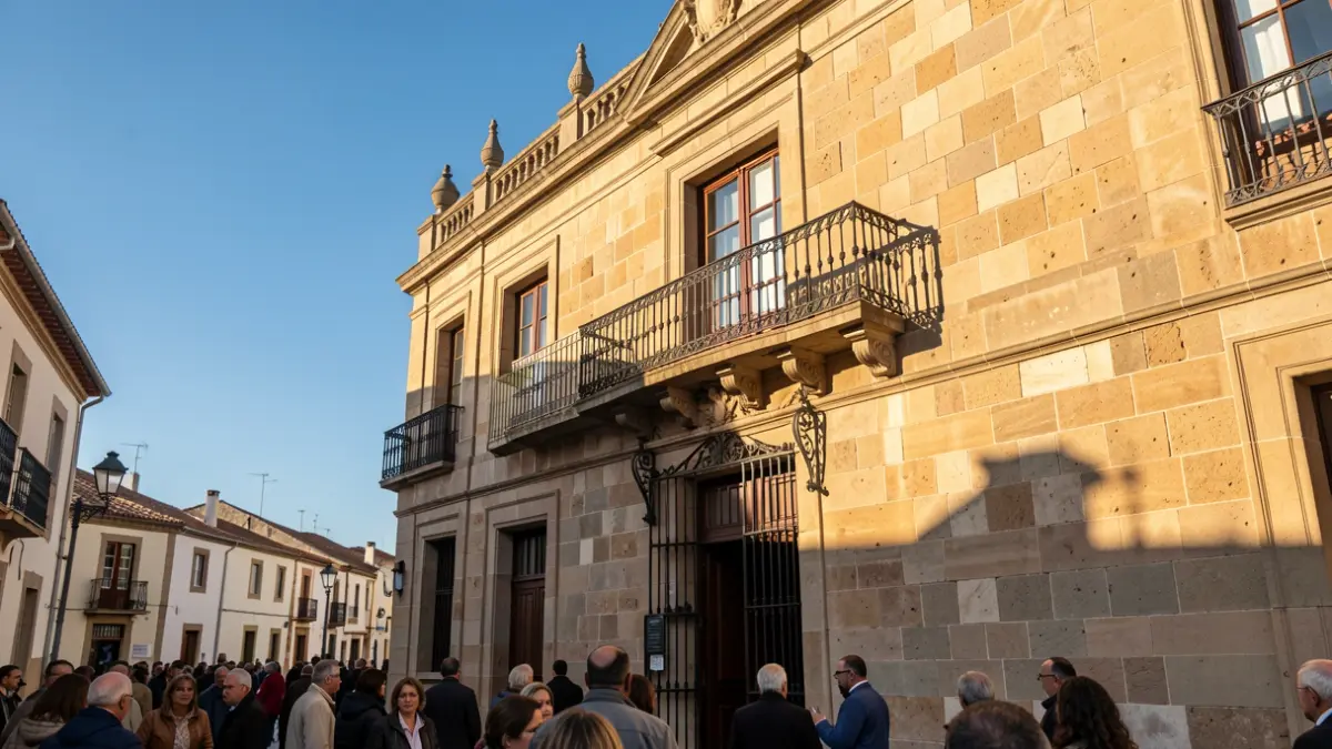Facade of a Canarian town hall with a balcony and iron railings, warm afternoon light.